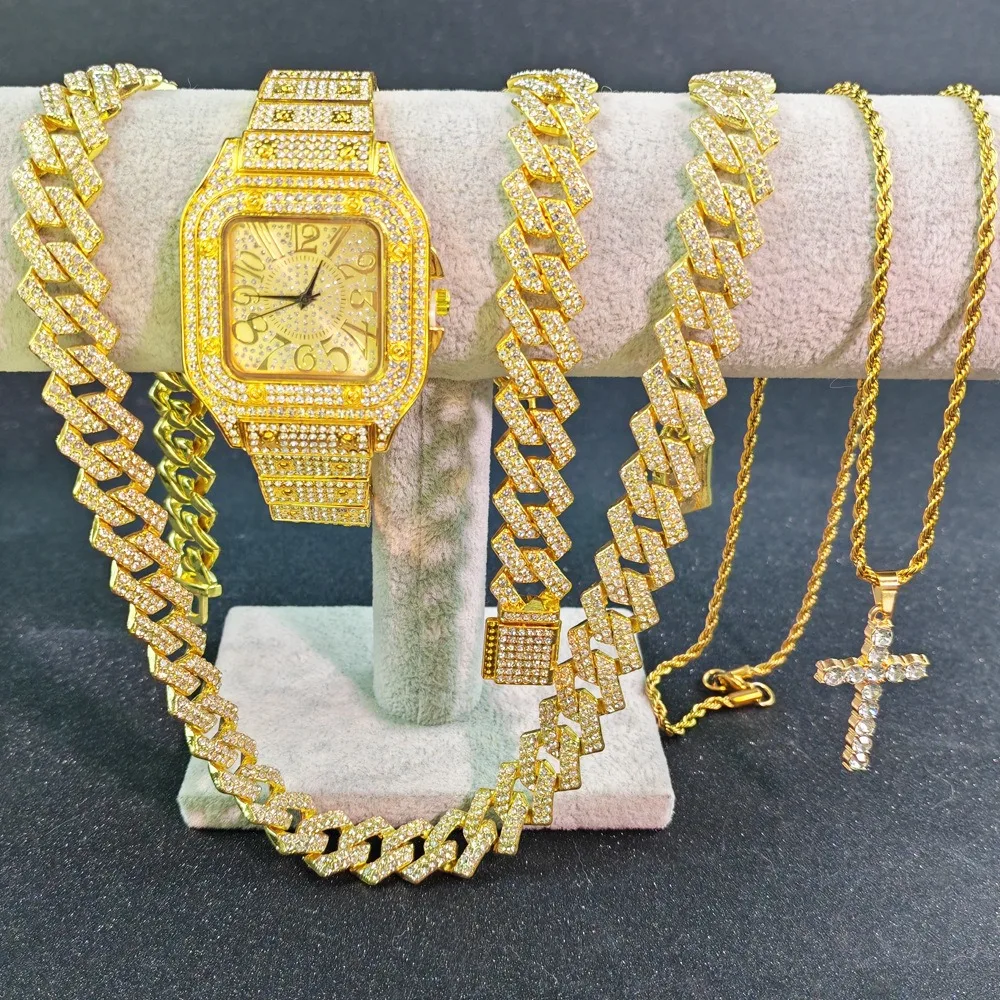 

Iced Out Мужские часы Кубинская цепочка Браслет Набор Ожерелье Колье Bling Ювелирные наборы для мужа Подарочные часы Хип-хоп Подарочный набор