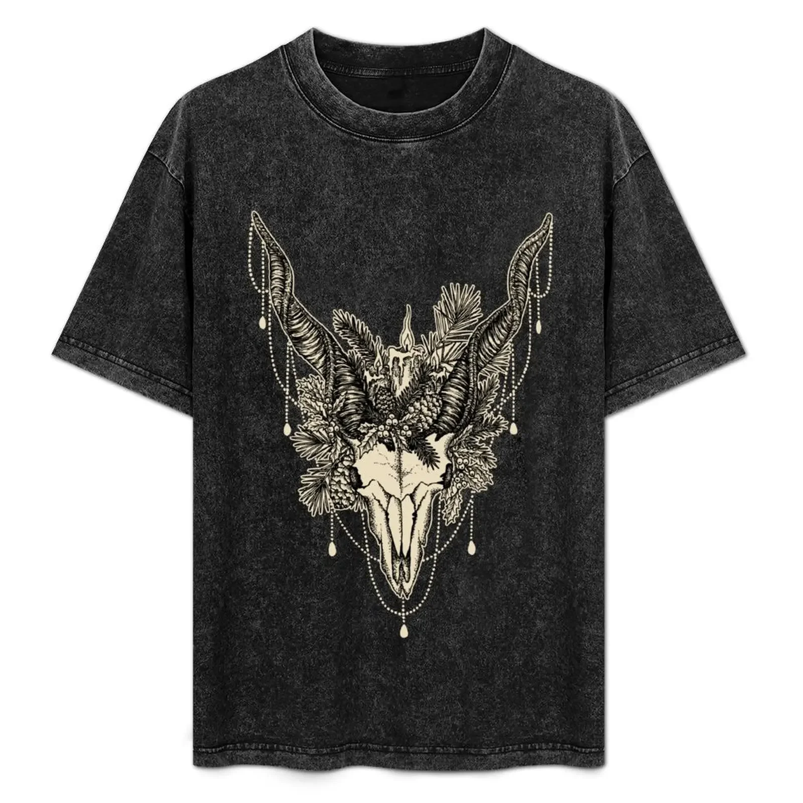 

Occult pagan Yule Gat skull illustration w/ pine, holly, and candles T-Shirt summer top boys whites fitted t shirts for men