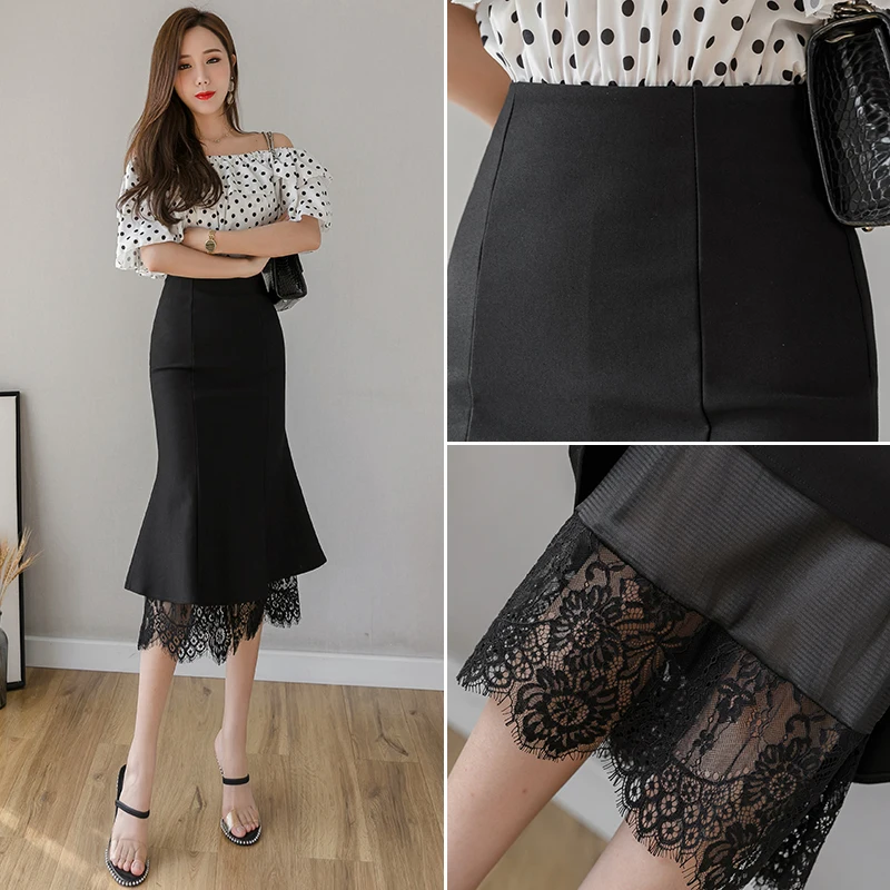 Summer 2023 New Spliced Lace High Waist Elastic Skirt Women's Fashion Sexy Wrapped Hip Fishtail Skirt