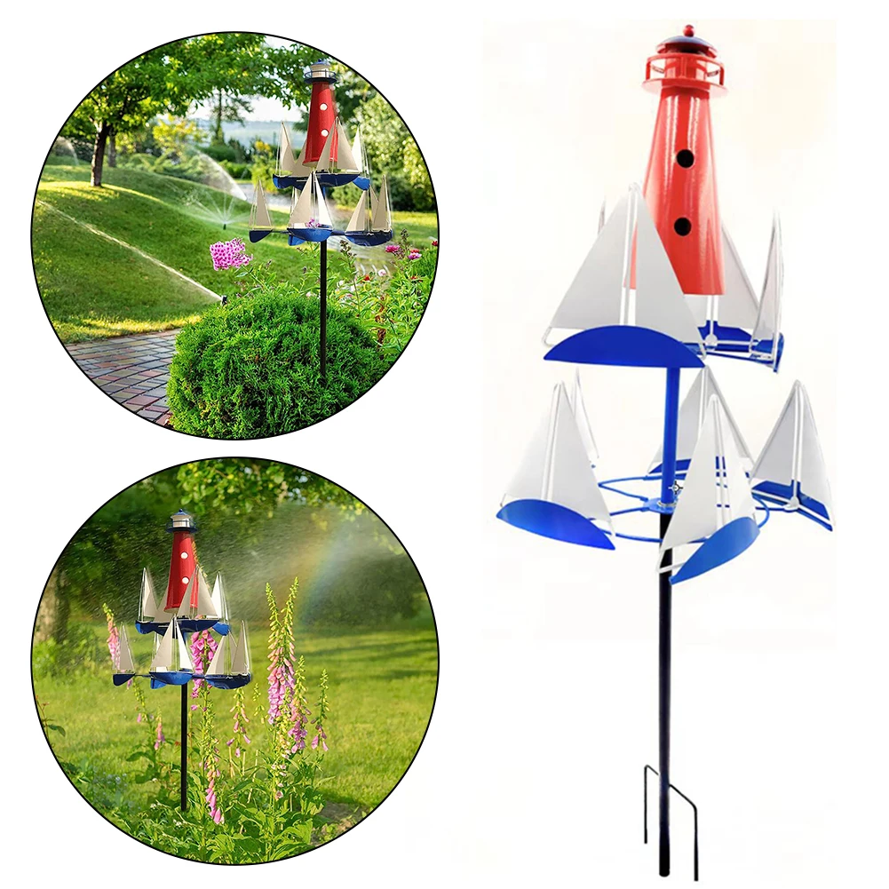 Lighthouse Sailboat Windmills Ornament Sculpture Outdoor Garden Decor Metal Wind Spinners Decoration