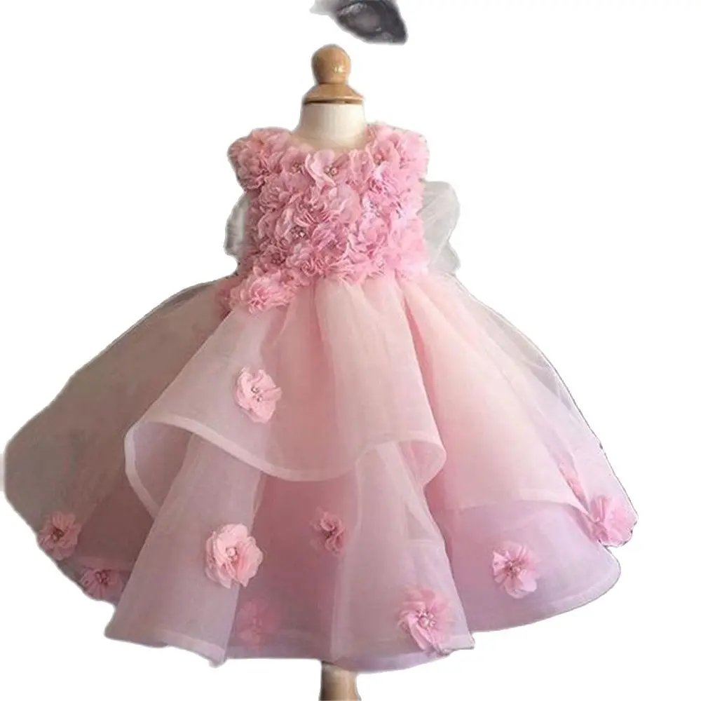 Rosa Blumen mädchen Kleider für Hochzeiten Tüll Ballkleid ärmellose flauschige Applikation für kleine Mädchen Erstkommunion Party kleider