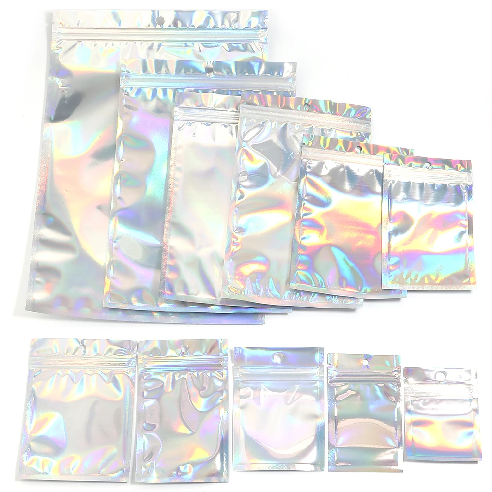 10-50pcs Aluminum Foil Laser Zip Lock Bags Pouches Cosmetic Plastic Holographic Storage Bag Hologram Zipper Bags Gift Packaging