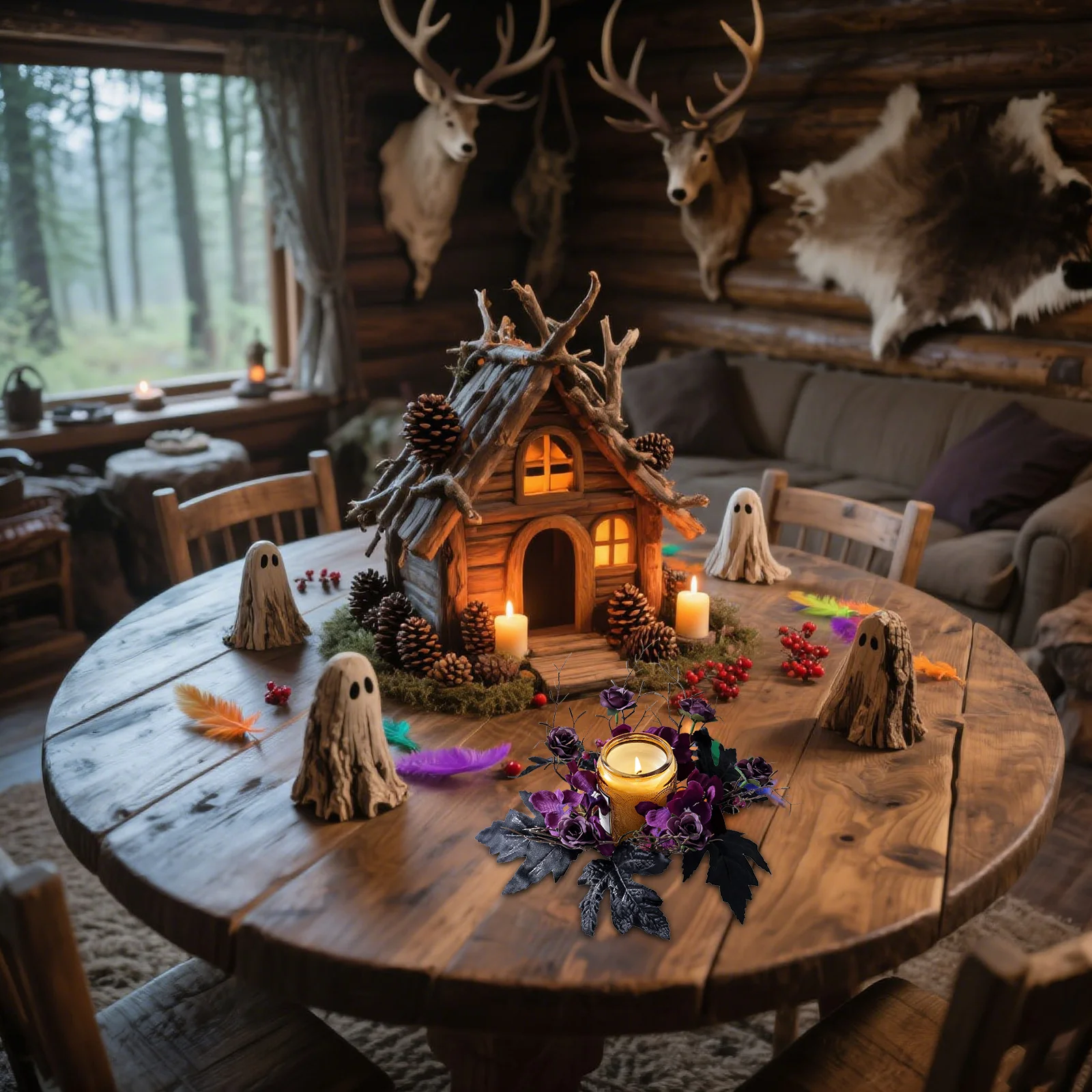 

2Pcs Halloween Ring Wreath Gothic Artificial Roses Holder Garland Tabletop Dining Party Decoration