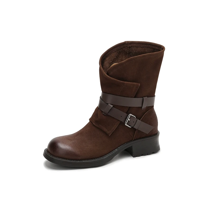 Autumn Winter British Style Retro Thick Heels Buckles Strap Genuine Leather Women Mid-Calf Half Motorcycle Boots Winter Plush
