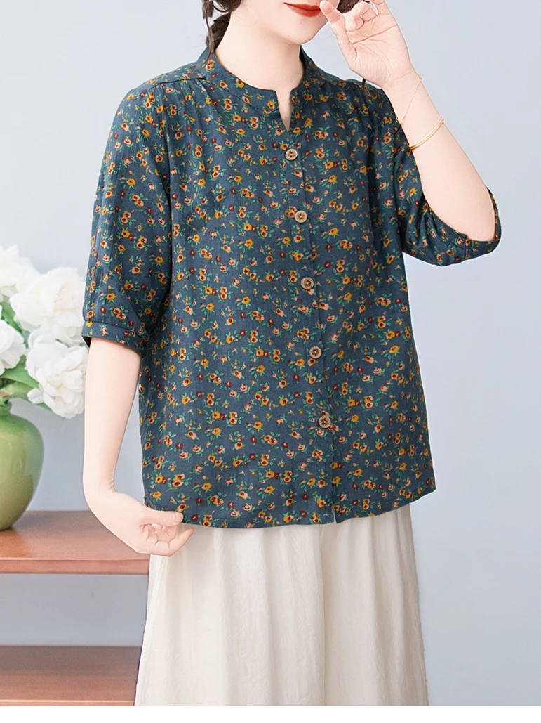 Blumenmuster-Stehkragen-Halbar – Summer Clothing Over 60 Bewertung und Preis