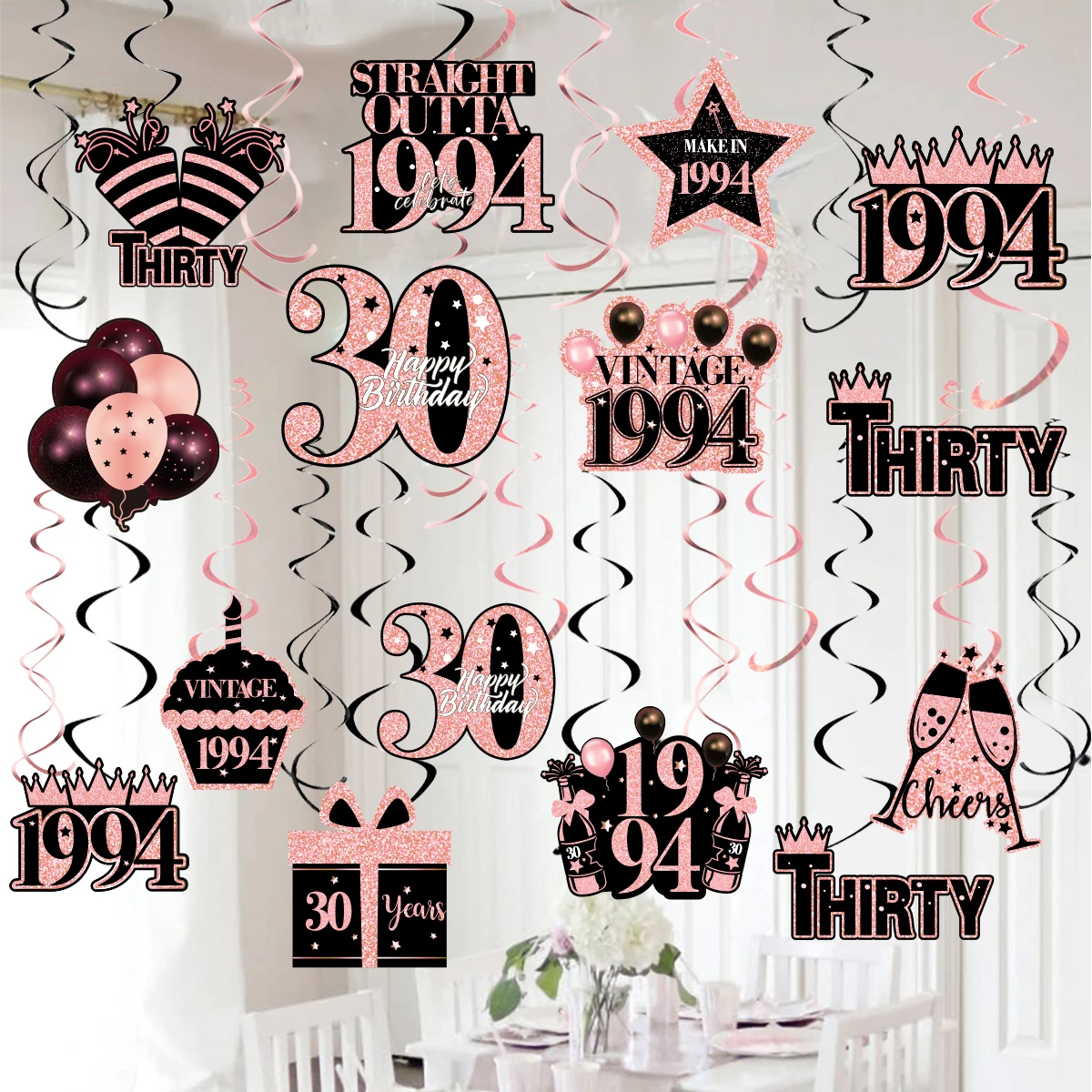 Pink 30th Birthday Decorations for Her, Thirty Birthday Hanging Decor for Women,Happy 30 Bday Party Ceiling Spring Swirls