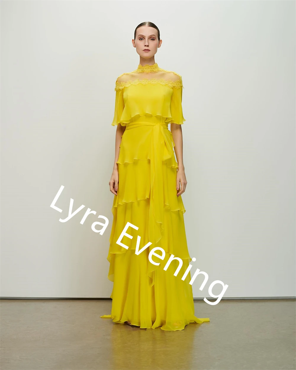 Moda personalizada amarelo chiffon vestido de noite gola alta mangas curtas vestidos de celebridades com zíper voltar vestido de festa moderno