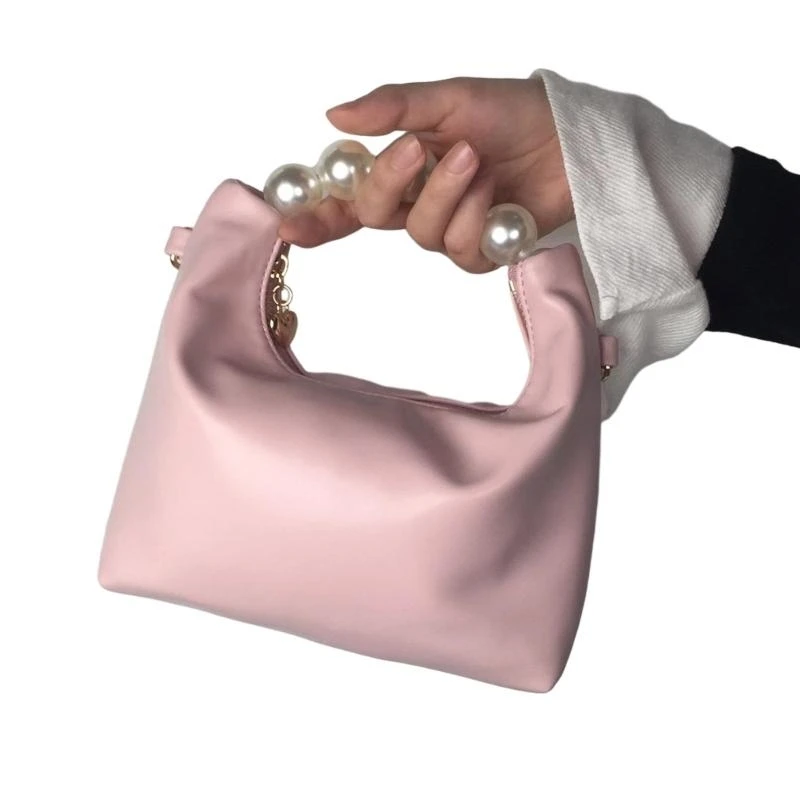 

X5XA Fashion Evening Bag Pearl Beaded Top Handle Handbag PU Leather Purse with Chain