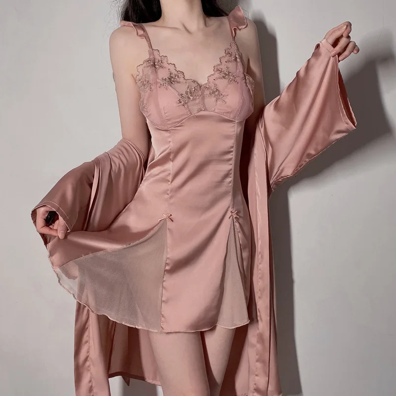 Sexy Pink Lace Trim Wedding Robe Spring Summer Women Kimono Bathrobe Nightgown Set Loose Casual Silk Satin Home Dress Loungewear