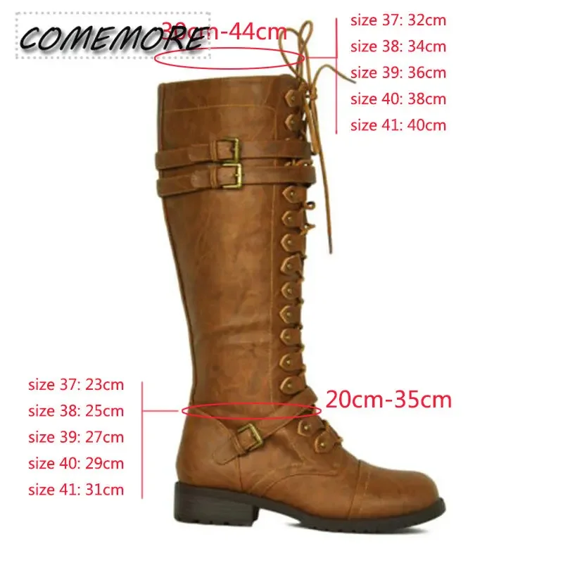 Women Knee High Boots Autumn Winter Lace Up Flat Shoes Sexy Steampunk PU Retro Buckle Woman Footwear Ladies Snow Boots Platform