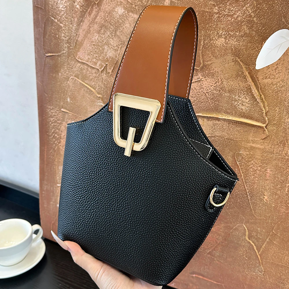 

Luxury Bucket Handbags for Women Casual Contrast Color Small Basket Bag Single Shoulder Bags Lychee Pattern Leather Shoulder Bag