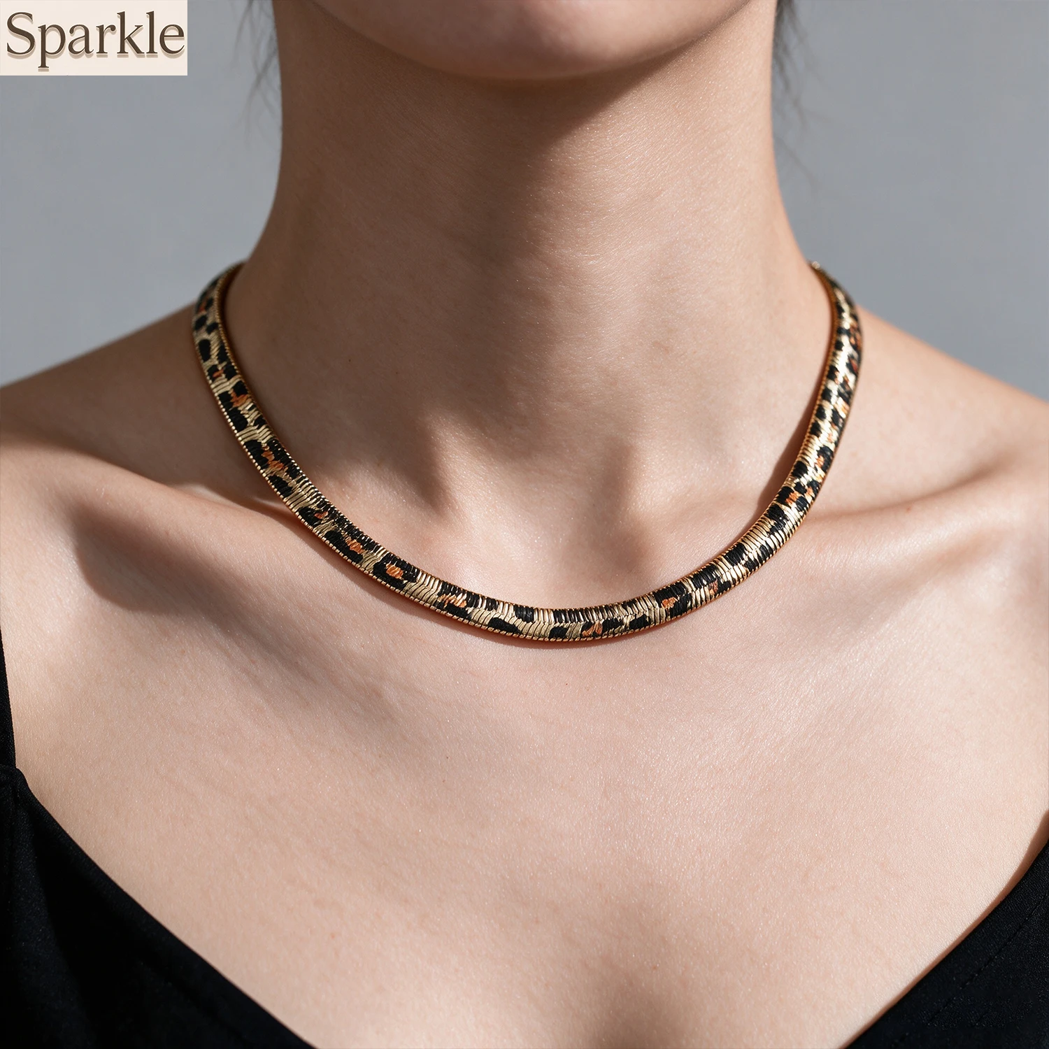 Leopard Print Flat Snake Chain Necklace Adjustable Extension Herringbone Choker Punk Streetwear Trendy Women's Neck Accessory