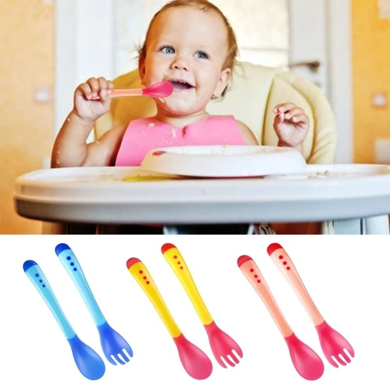 

M76C 2pcs/set Temperature Sensing Spoon Fork for Baby Safety Feeding Dining Tableware