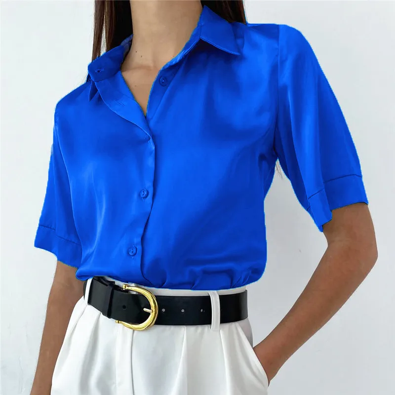 Satin Shirt Women\'s Polo Collar Office Lady blouse Vintage Blue Green Silk Shirt Loose Button Up Down Shirts Black Fashion Tops