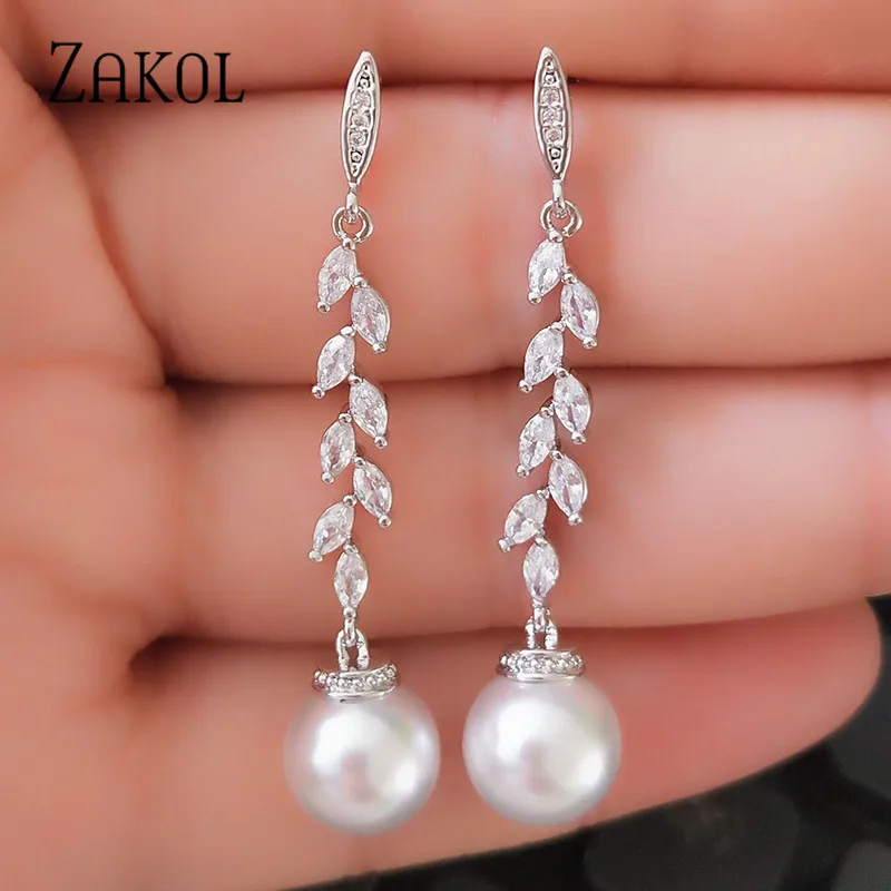 ZAKOL Fashion okrągłe sztuczne perły spadek kolczyki dla kobiet Shinny cyrkonia kryształowy liść długi kolczyk dla nowożeńców biżuteria ślubna
