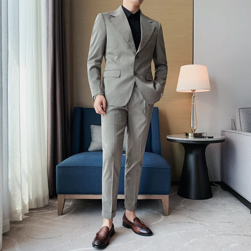 

2024 Autumn Wedding Suits for Men Houndstooth Business Formal Casual dress 2 Pieces Office Work Party Prom Costume Homme
