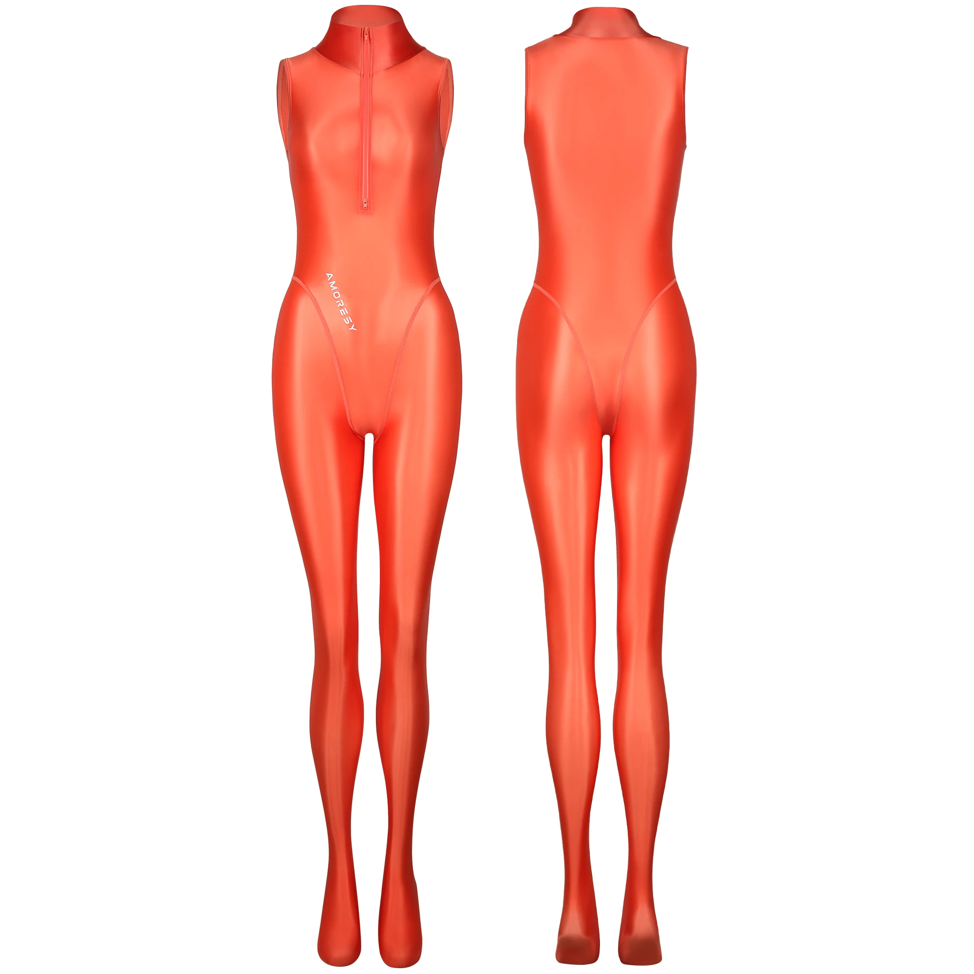 AMORESY dünner, glänzender, ölglatter, bidirektionaler Frontreißverschluss-Jumpsuit, einfarbiger, hochgeschlossener, ärmelloser Badeanzug – Detail 16