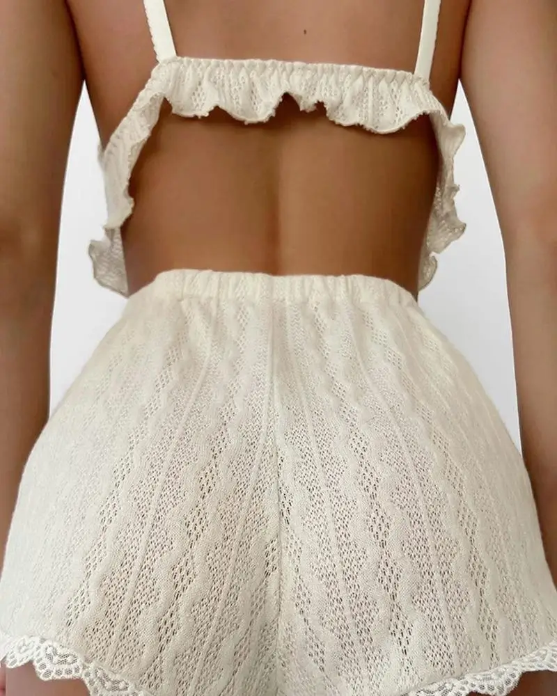 レーストリムキャミソールベストショーツセット女性のホーム服ストラップデザイン夏のファッション衣装カジュアル快適なパジャマ