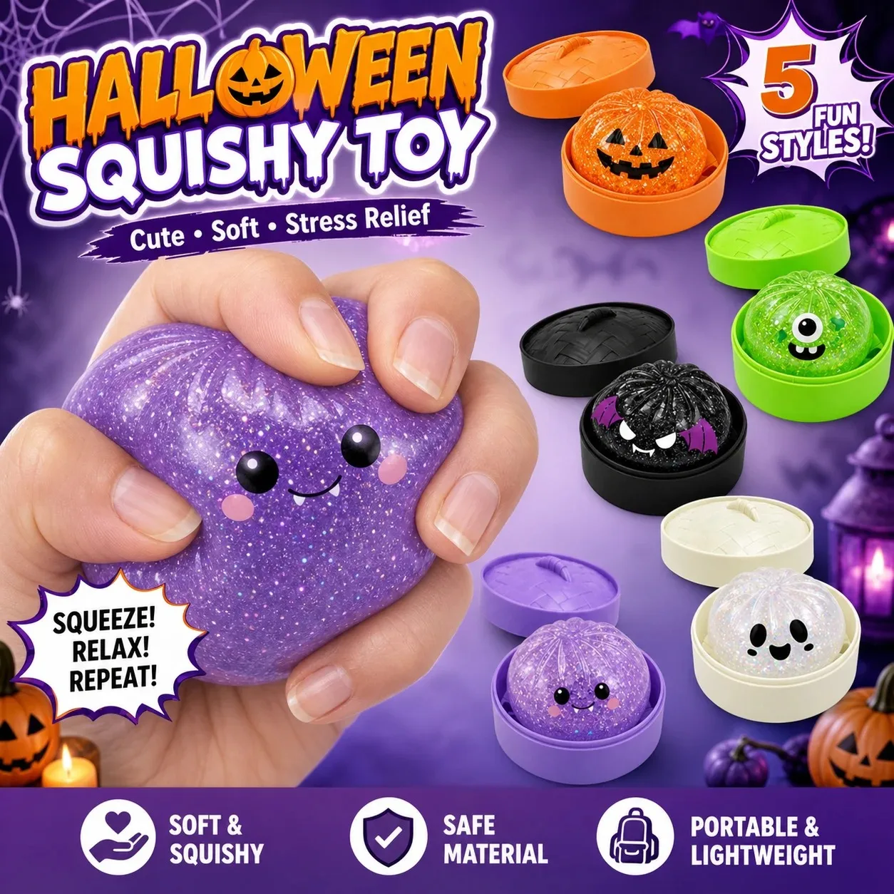 Cute Funny Halloween Bun Squishy Toy Soft Non-Sticky Slow Rebound Simulation Squeeze Ball Stress Relief Party Filler Supplies