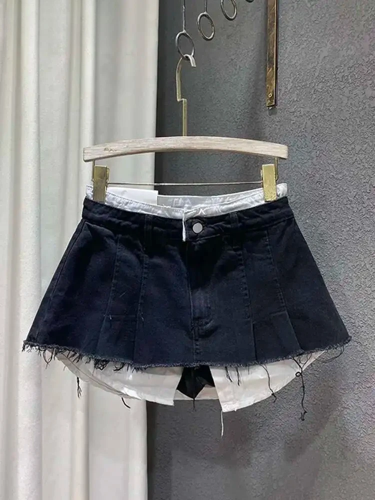 Trend Kontrast Farbe Patchwork Denim Rock Frauen Saum Grate Hohe Taille Lose Wrap Hüfte Röcke Weibliche 2025, Frühjahr Neue 11XX1592