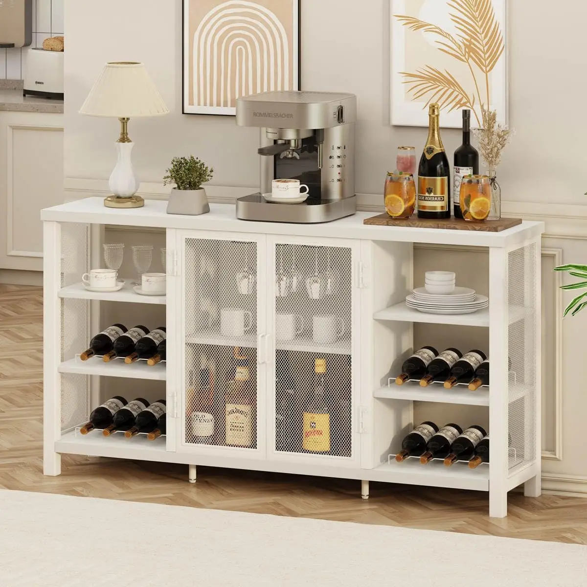 Wine Bar Cabinet for Liquor and Glasses, Modern Sideboard and Buffet Cabinet with Wine Rack, Wood and Metal Coffee Bar C