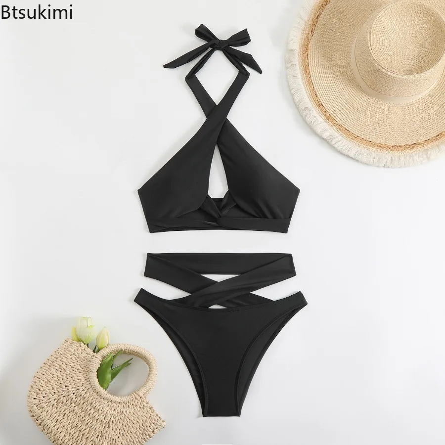 New 2025 Hollow One Piece Swimsuit Sexy Swimwear Women Off The Shoulder Swimsuit Halter Swim Suit Solid Print Beach Wear Female