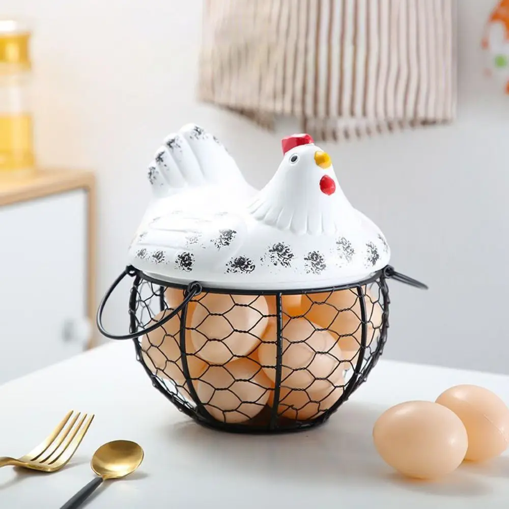 Egg Basket Hen Container Hollow Ceramic Iron Wire Rustic Garlic Storage Box with Cover Decorative Kitchen Accessories