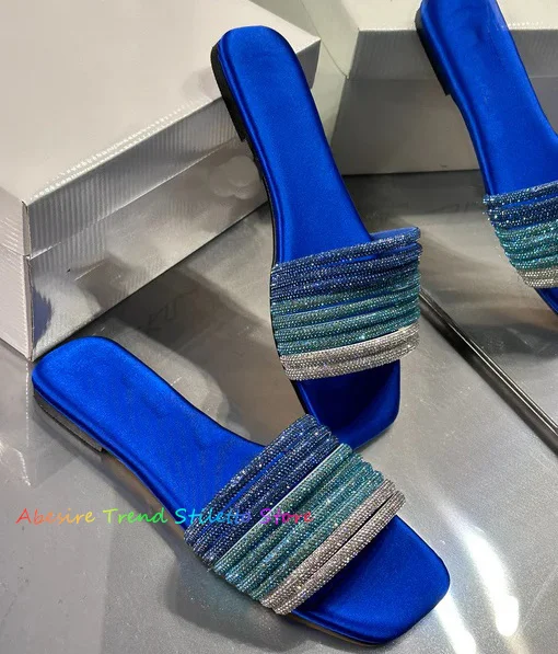 Blue Rhinestone Slippers For Women Sexy Peep Toe Square Toe Flat Slippers Shallow Outside Sandals Slides Zapatillas Mujer