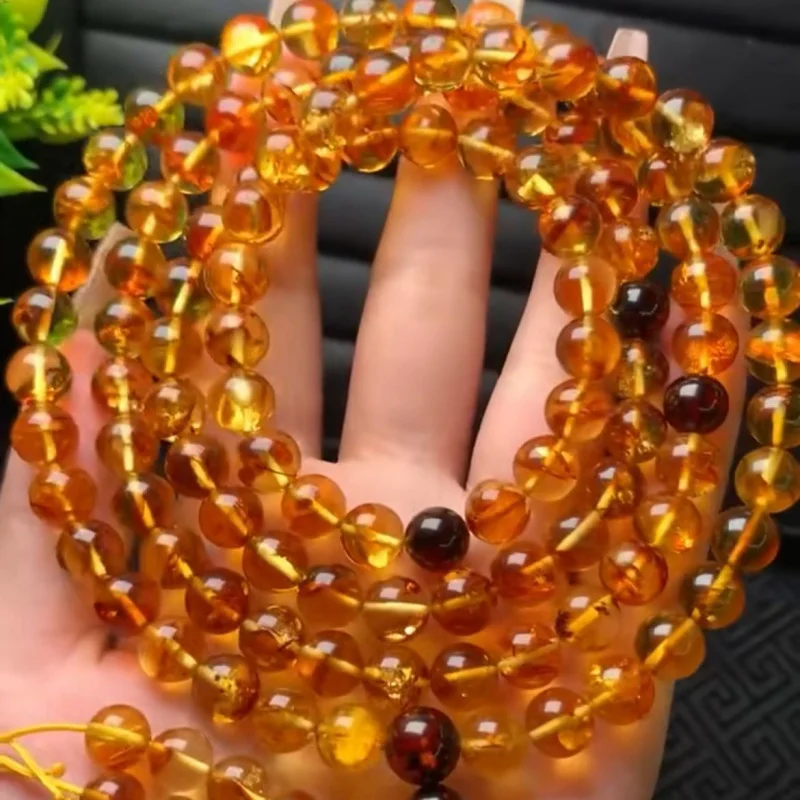 

Factory Direct Sales Natural Piebald Amber 108 Beaded Necklace Long Buddha Chain Flower Three-Dimensional Artistic