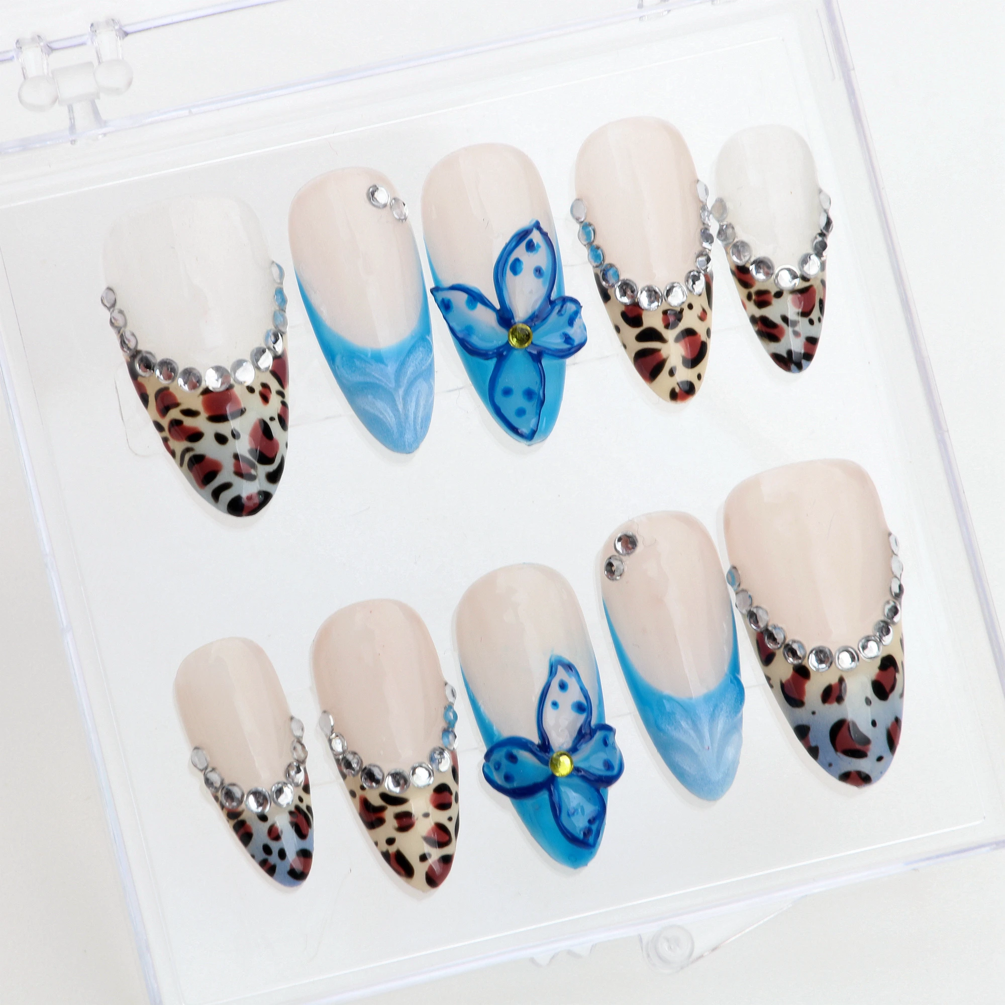 10Pcs Gel Blue Flower Nails Custom Press On Nails hand painted leopard French Tips Design nails Acrylic Fake FreeStyle Nail Set