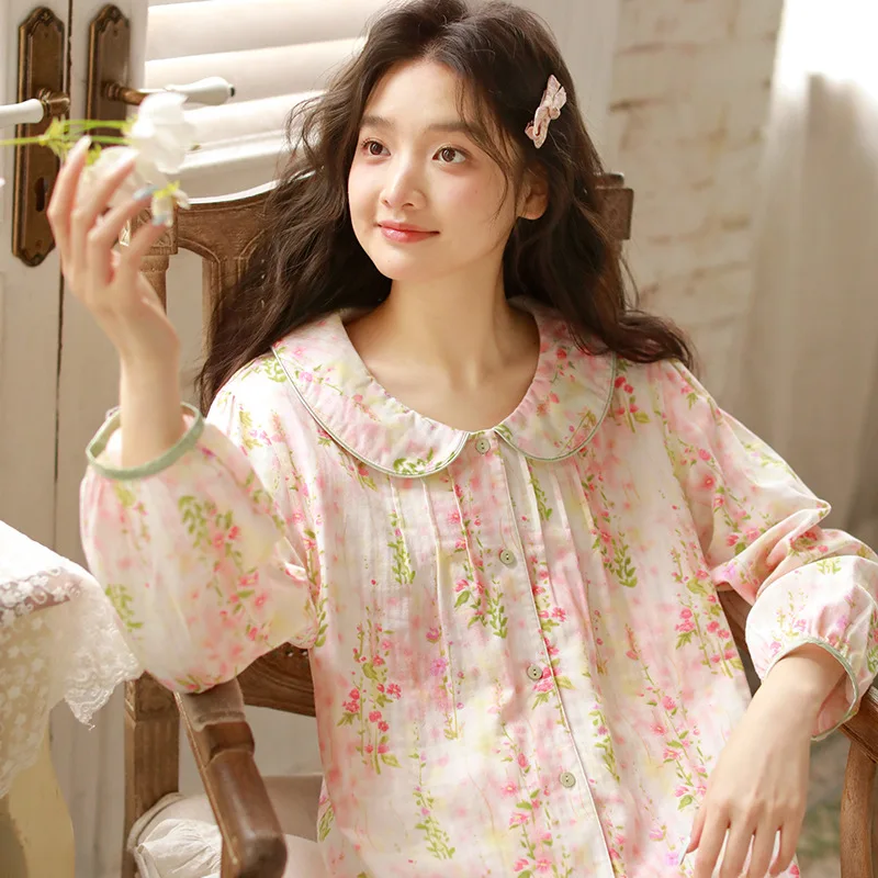 

Pure Cotton Pajamas Women's Clothes Sweet Floral Long-sleeved 2 PCS Set Double-layer Cotton Yarn Cute Doll Collar Loungewear