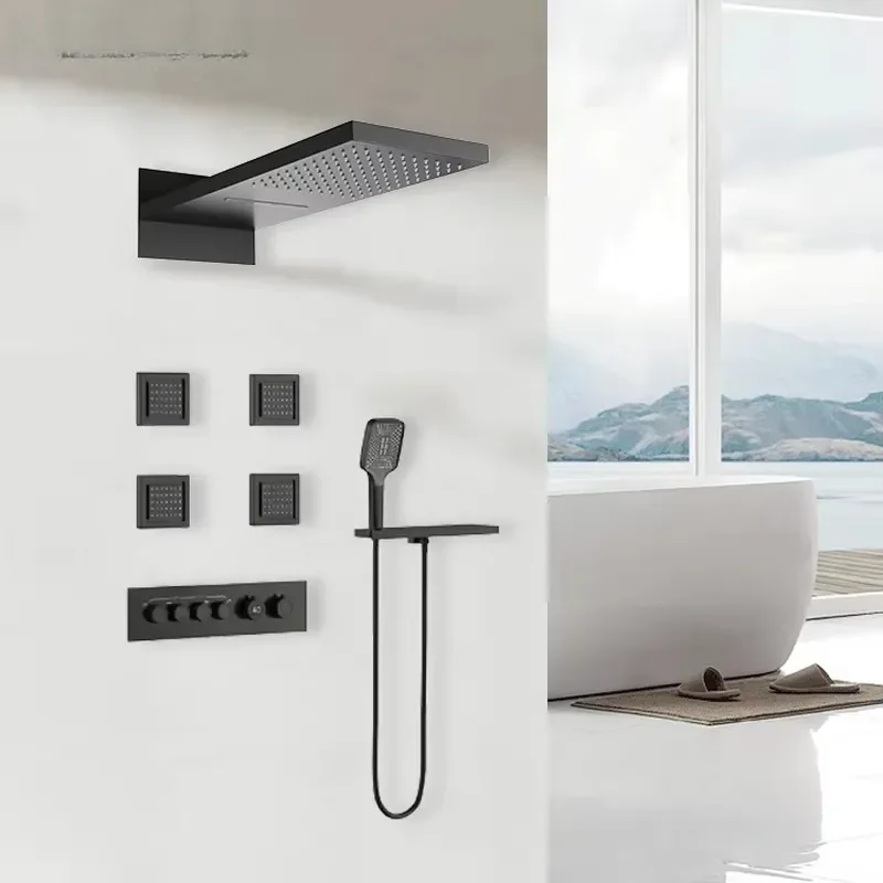 Multi Function Bath Concealed Shower System Massage Jet Bathroom In-wall Rainfall Shower Set With 5 Ways Thermostatic Mixer