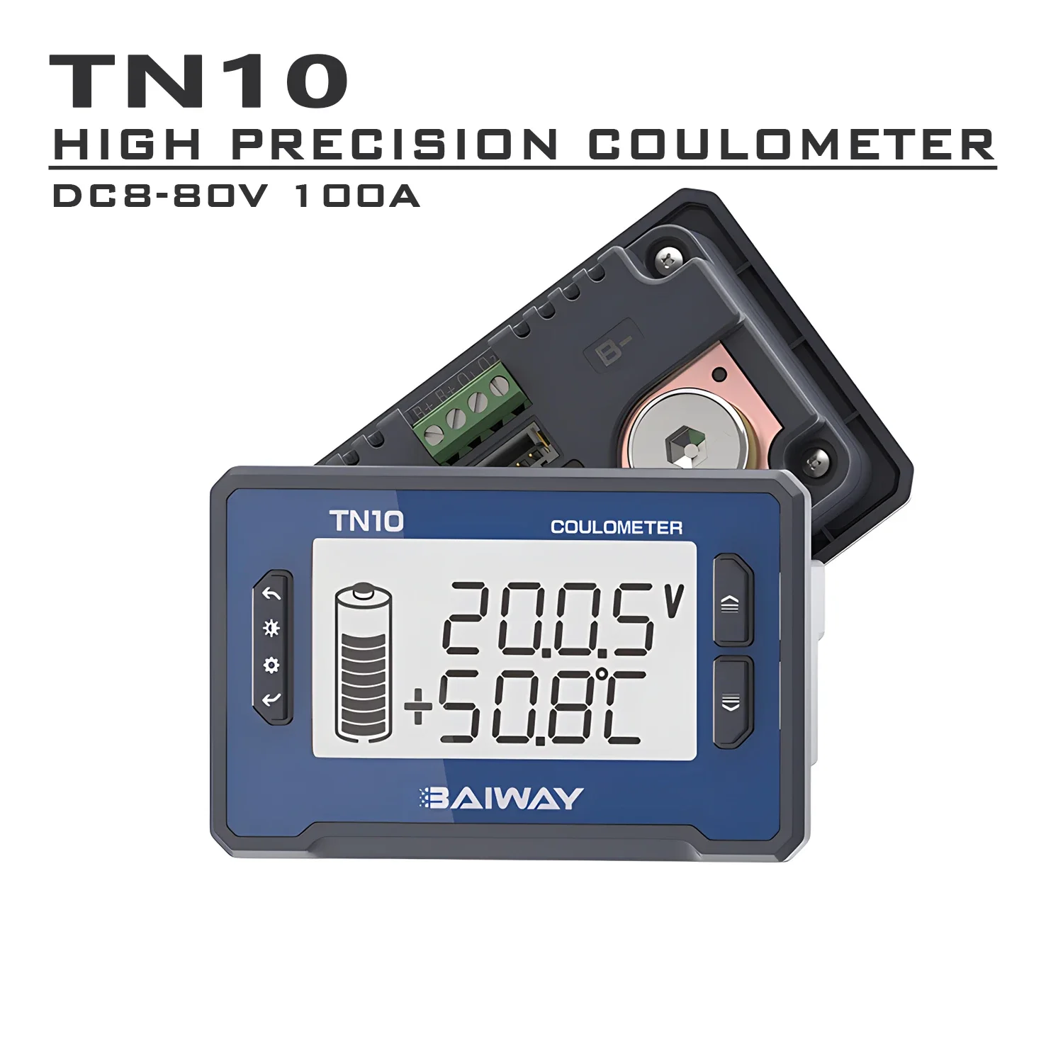 TN10 High Precision Coulometer Built-In Sampler 100A Battery Tester Monitor DC8-80V Battery Capacity Indicator Voltmeter Ammeter