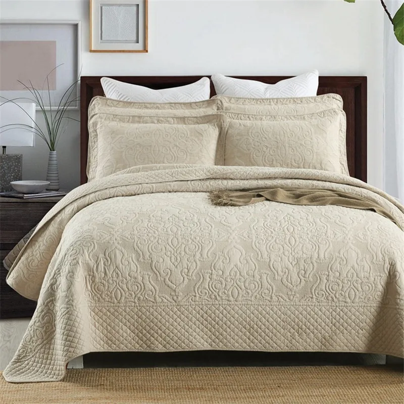 3 Pieces Cotton Quilt Set Padded Bed Cover Embroidered Bedspread on The Bed Linen Coverlet Quilted Blanket for Bedroom Comforter