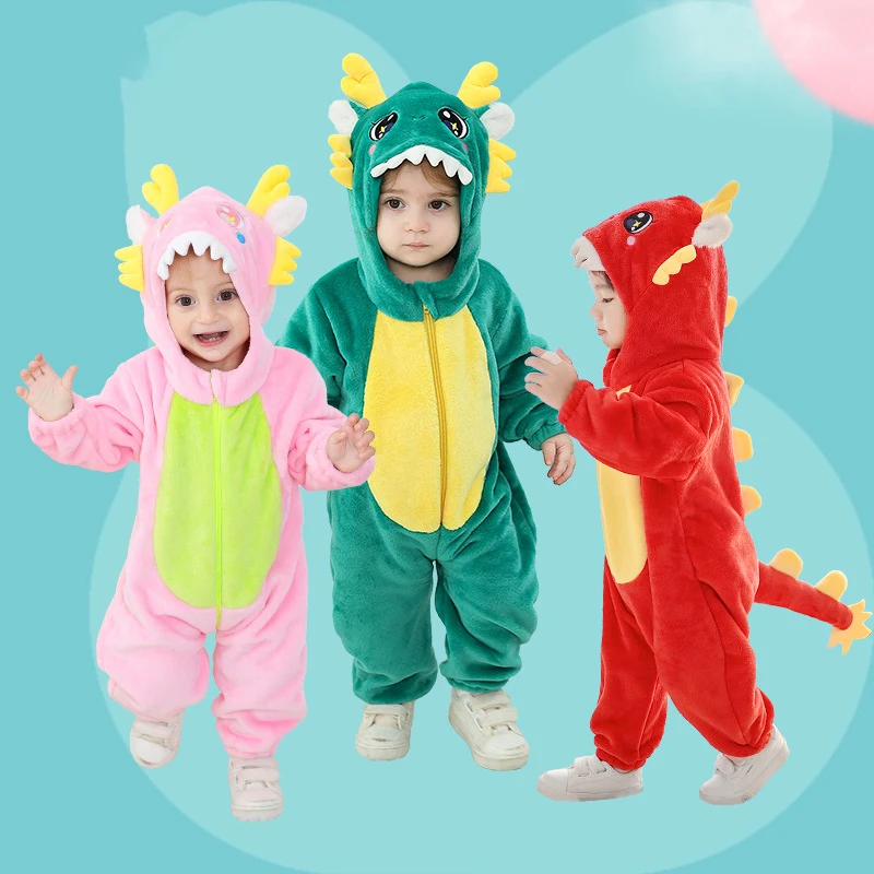 2024 New Cartoon Chinese Dragon Baby Rompers Winter Hooded Flannel Toddler Infant Clothes Bodysuits Jumpsuit Costume Halloween