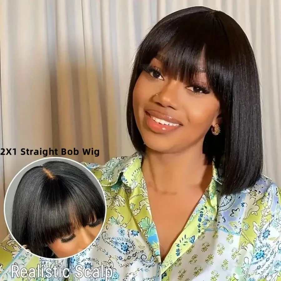 

2x1 Прямые парики-боб с кружевной застежкой и челкой для женщин, короткие прямые парики из бразильских волос с реалистичной кожей головы, 8-14 дюймов