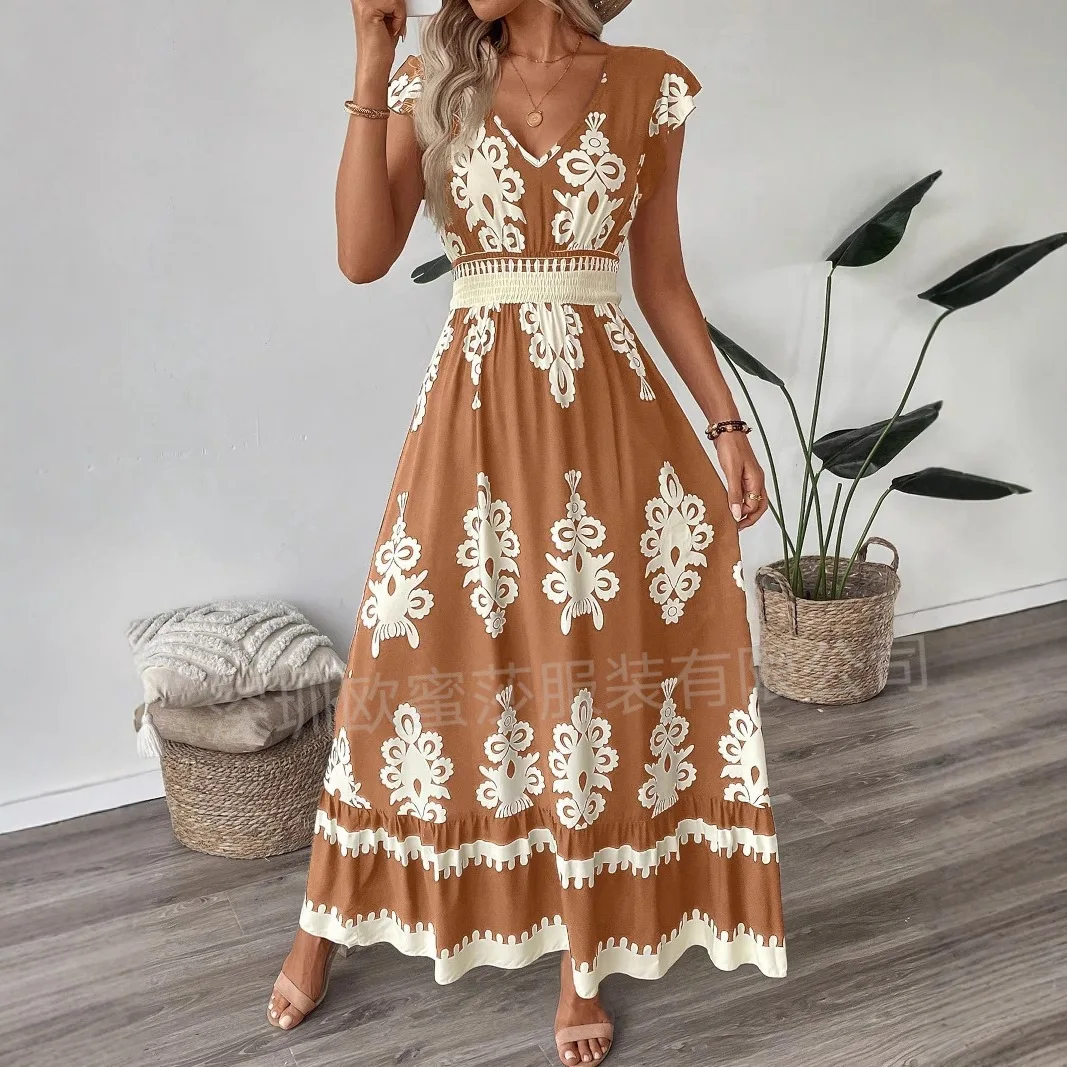 Abito lungo Boho stampato floreale moda estiva donna scollo a V manica volante vacanza vacanza spiaggia vestito estivo abiti da festa abiti