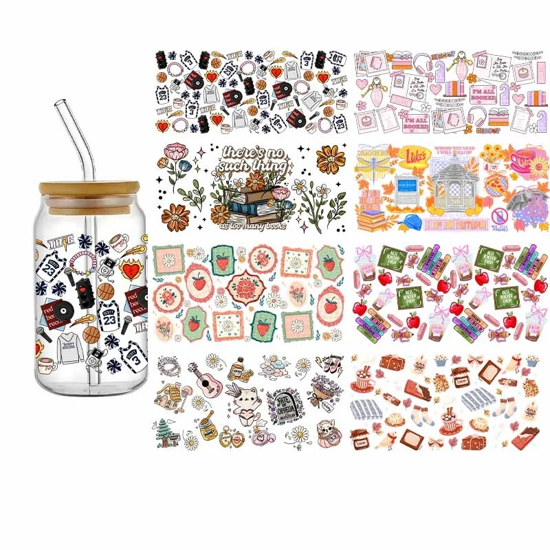 3D Cartoon UV DTF Wrap Cup 16oz Transfer Sticker New Design Books Flowers Food Patter Waterproof Sticker