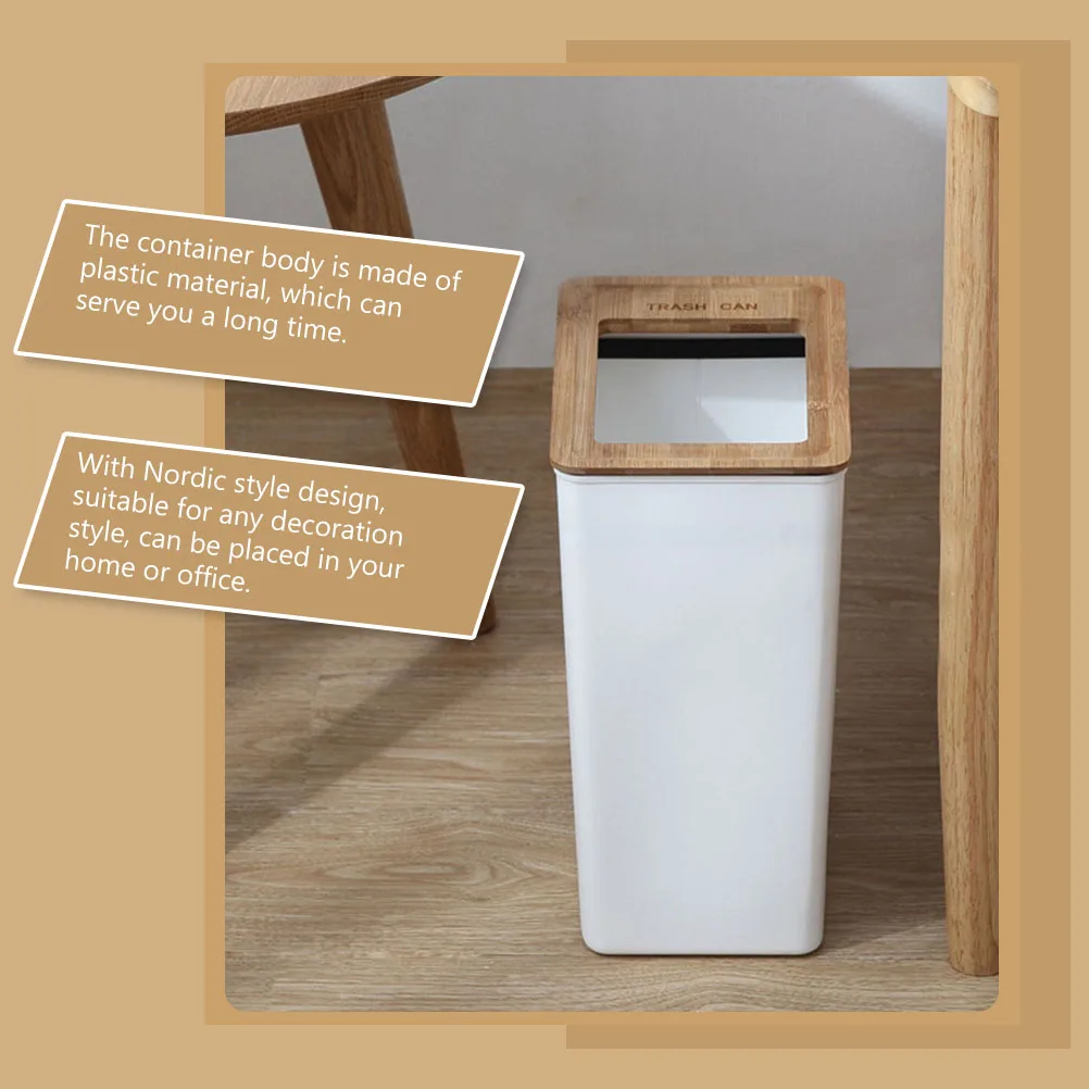 

Rubbish Bamboo Lid Trash Can Garbage Living Room Waste Basket Container Office White