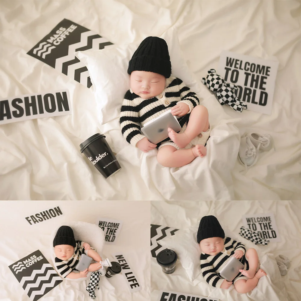 Baby Crochet Outfits Knitted Striped Jumpsuit Black Knitting Cap Newborn Photography Clothe Bear Doll Computer Studio Photo Prop