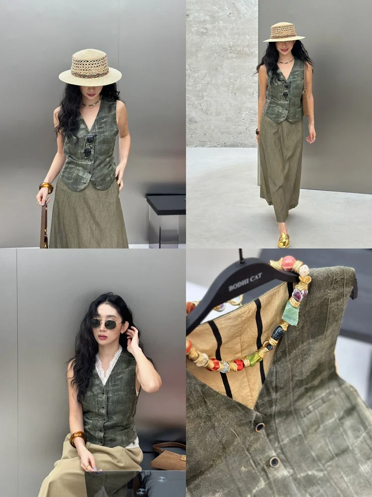 

Knee-Length A-Line Skirt Women's Wool Linen Silk Blend JIN Brand Commute Sle High Waist Pleated Embroidered Ci Casual Skirt