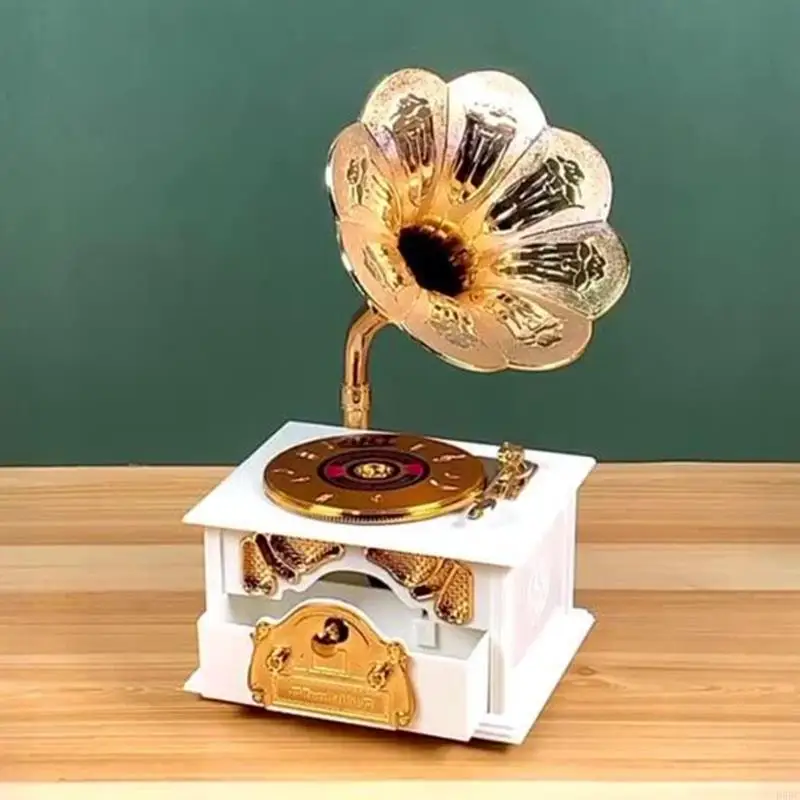  Classical Antique Hand Crank Gramophone Music Box With Drawer Wind Up Mechanical Phonograph For Living Room Decoration