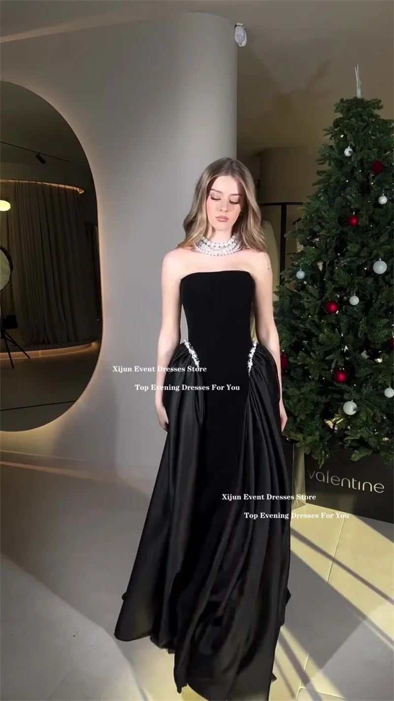 Xijun Luxury Long Black Evening Dresses Sleeveless A-Line Prom Dresses Pearls Beads Prom Gowns Formal Party Dresses Customized