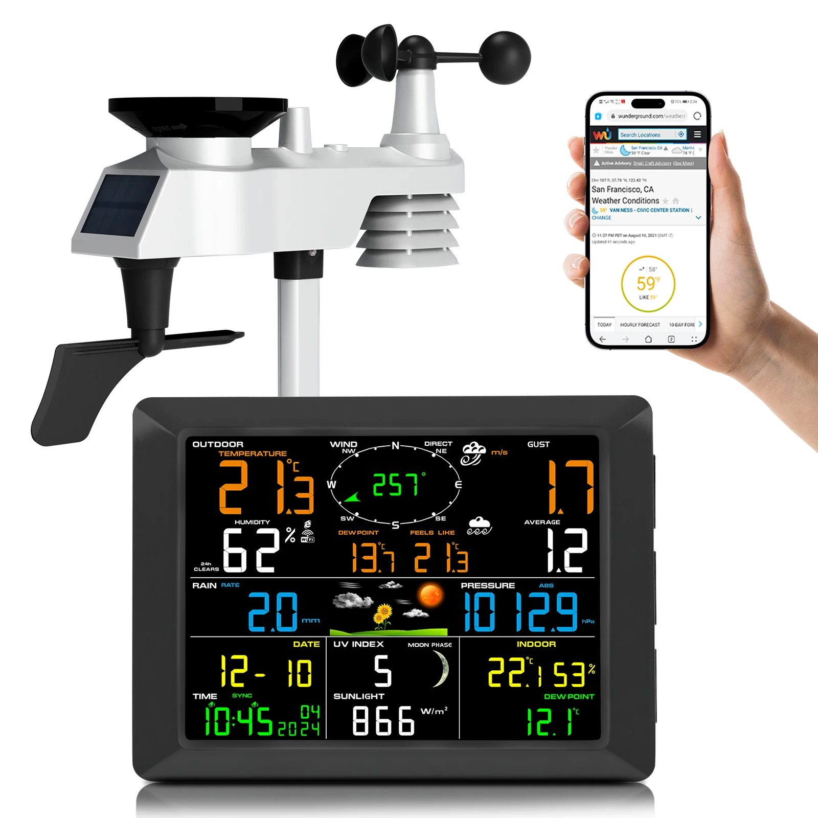 WiFi-weerstation 14-in-1 Draadloos met kleurendisplay Real-time synchronisatie voor weer ondergronds Smart Home-sensor met een bereik van 100 m