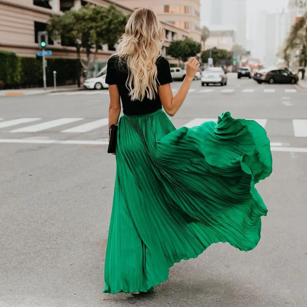 Elegant Elastic High Waist Pleated Skirt Women Solid Color Large Hem A-Line Long Skirt Work Fashion Female Skirt Summer