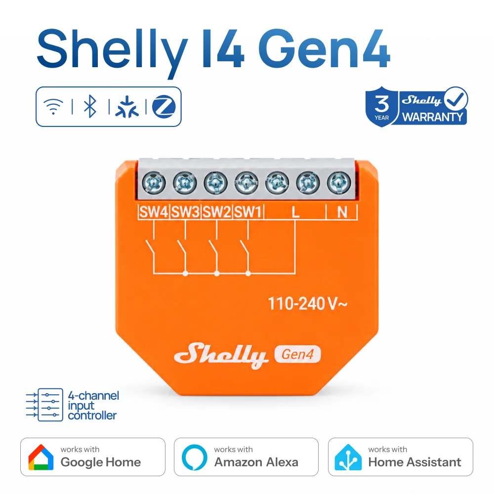 Shelly i4 Gen4 Zigbee Smart 4-Channel Matter Input Controller Remote Monitoring Scene Triggers Local Web UI Fits Behind