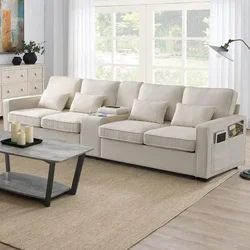 Sectional Sofa Wirelessly Charged, Modern Linen Fabric 4-Seat Couch with 4 Pillows for Living Room, Apartment, Office sofa