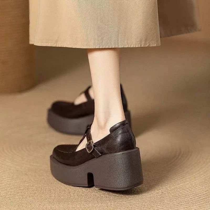 Chunky Platform High Heels Pumps Women Spring PU Leather Ankle Buckle Mary Jane Shoes Woman Brown Thick Heeled Sandals Loafers