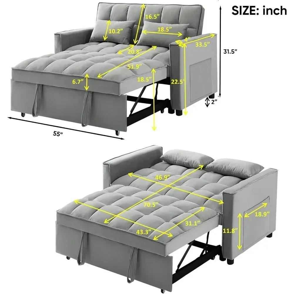 Modern Velvet Couch w/Pullout Bed, Small Love Seat Lounge Sofa w/Reclining Backrest, Toss Pillows, Pockets, Furniture