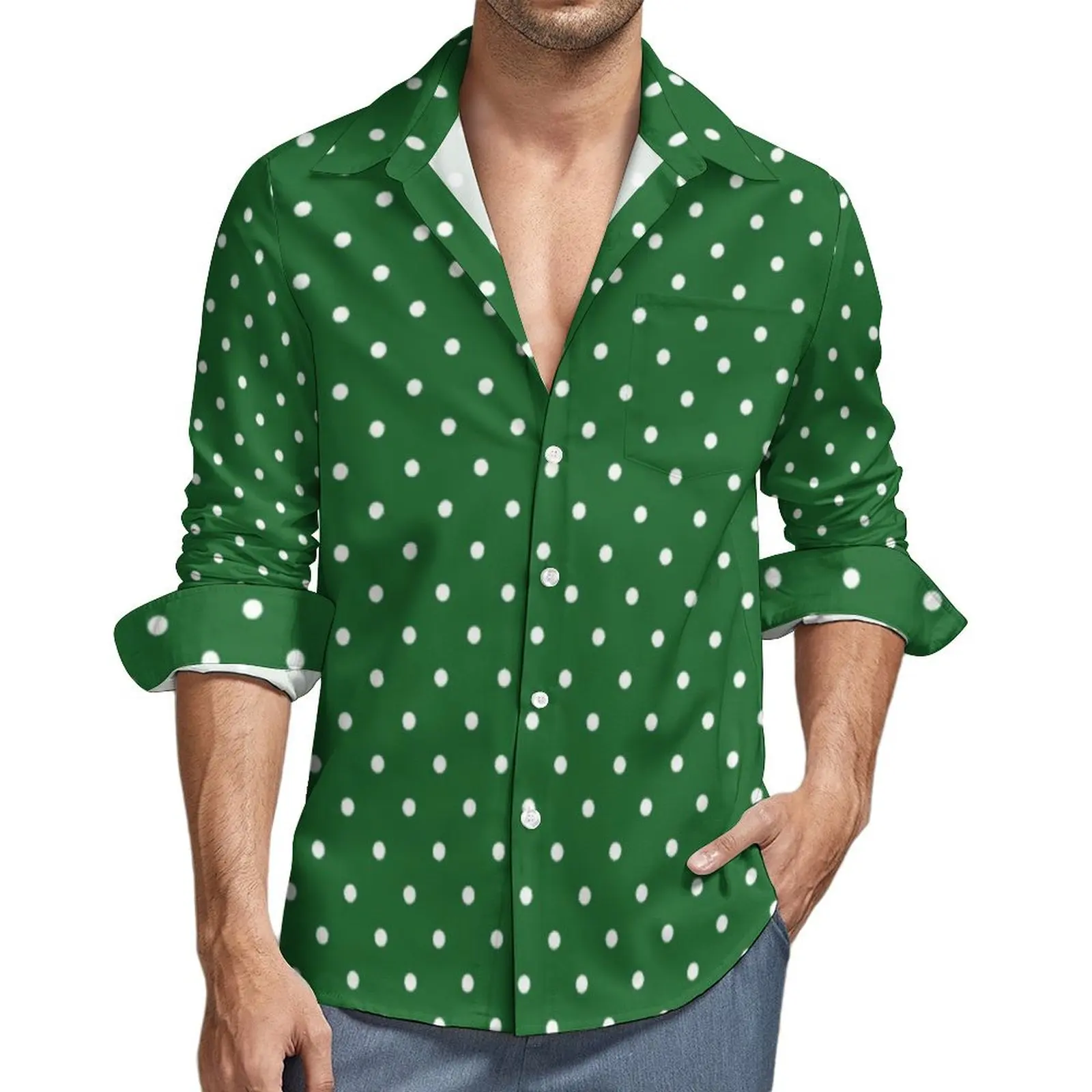 

White Polka Dot Casual Shirts Retro Green Vintage Shirt Autumn Streetwear Oversized Blouse Male Long Sleeve Clothing Gift Idea